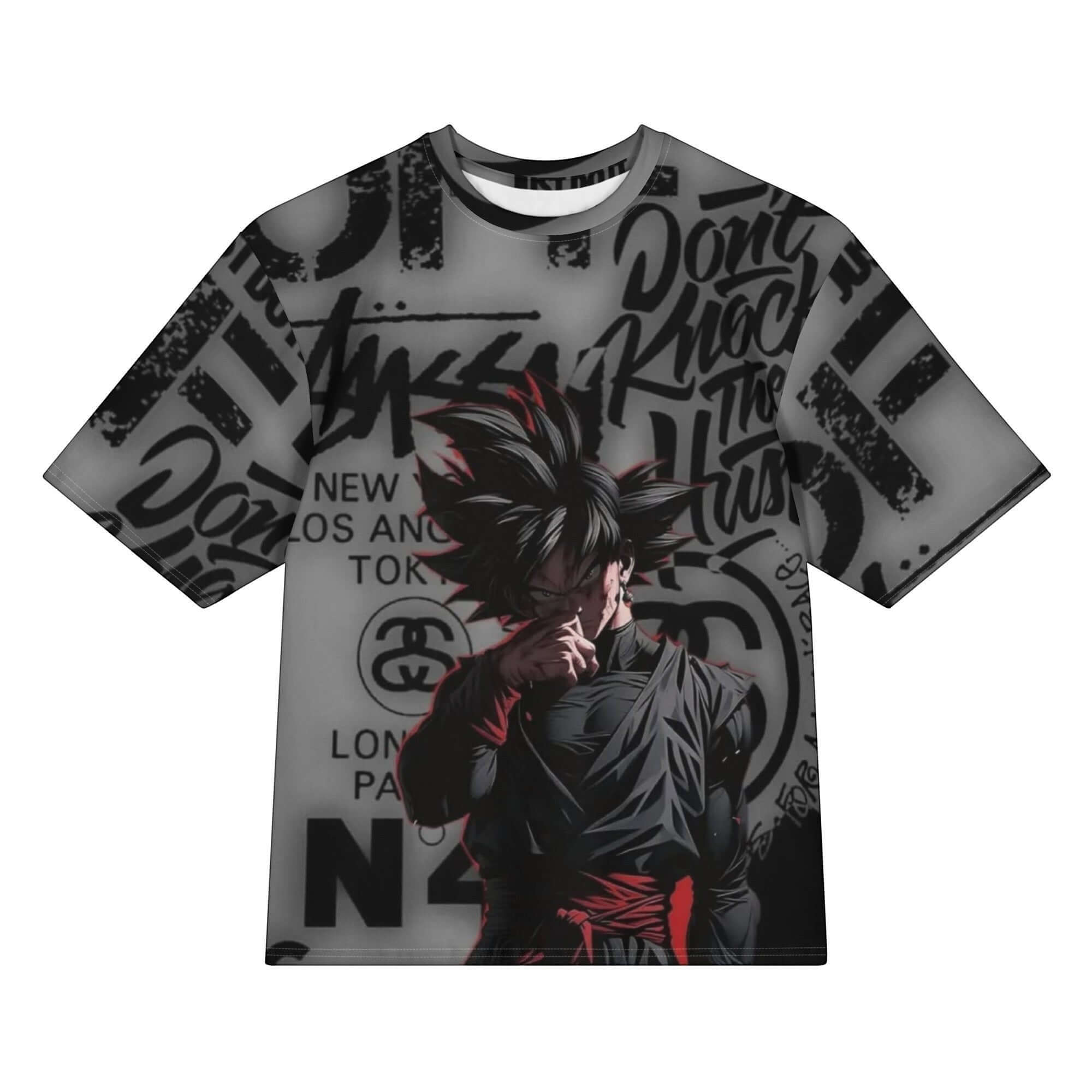 Urban Halo Tokyo Rift oversized heavyweight cotton-spandex t-shirt with grey graffiti print and anime character art.