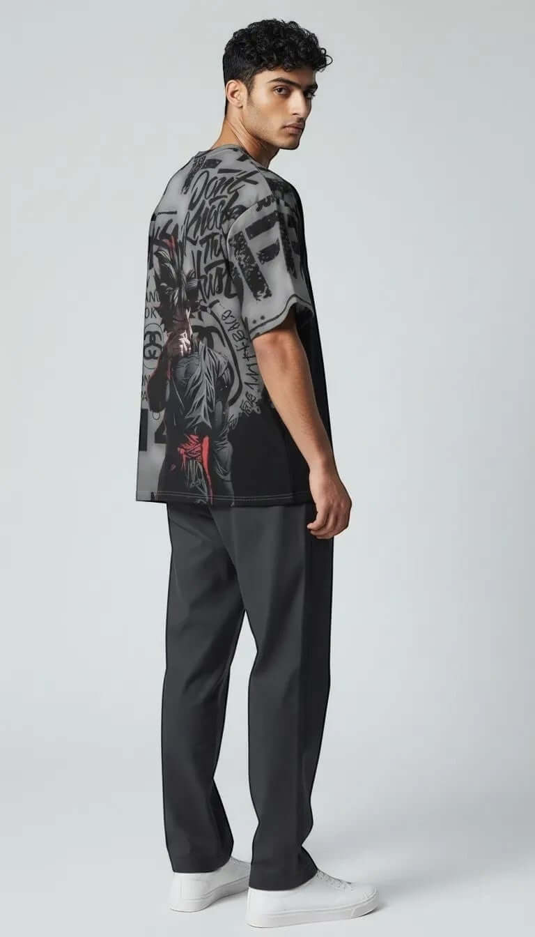 Urban Halo Tokyo Rift oversized heavyweight cotton-spandex t-shirt with all-over graphic print worn by a male model.