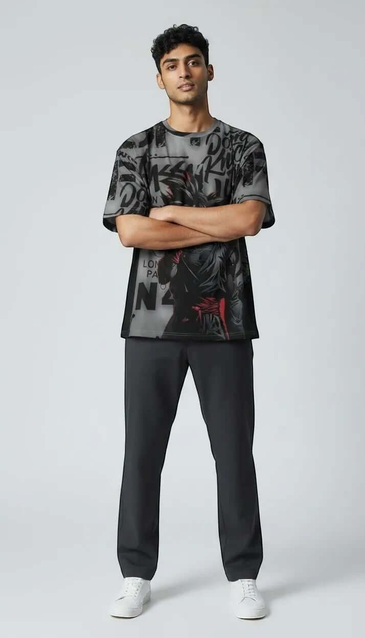 Urban Halo Tokyo Rift oversized heavyweight cotton-spandex t-shirt with all-over graphic print worn by a male model.