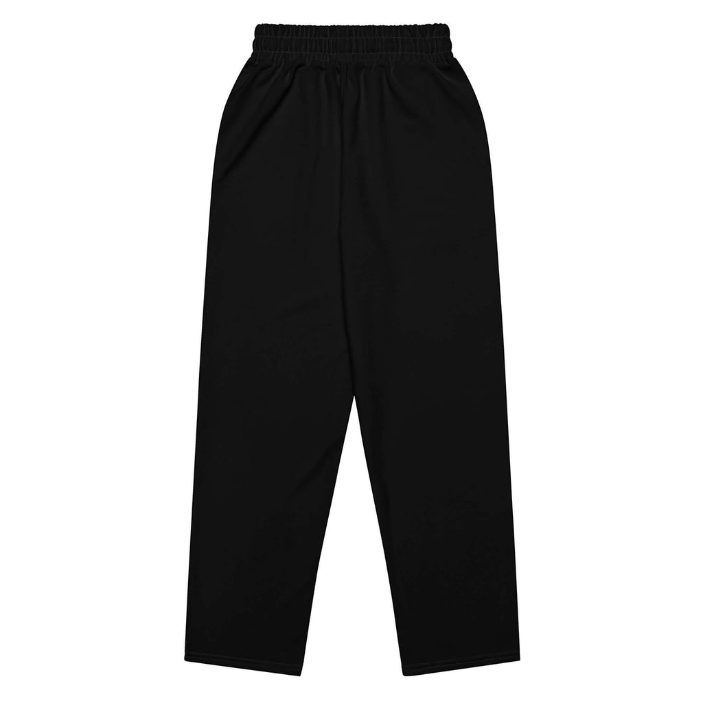 Urban Halo all-black wide-leg joggers with an elasticated waistband, featuring a relaxed streetwear silhouette.
