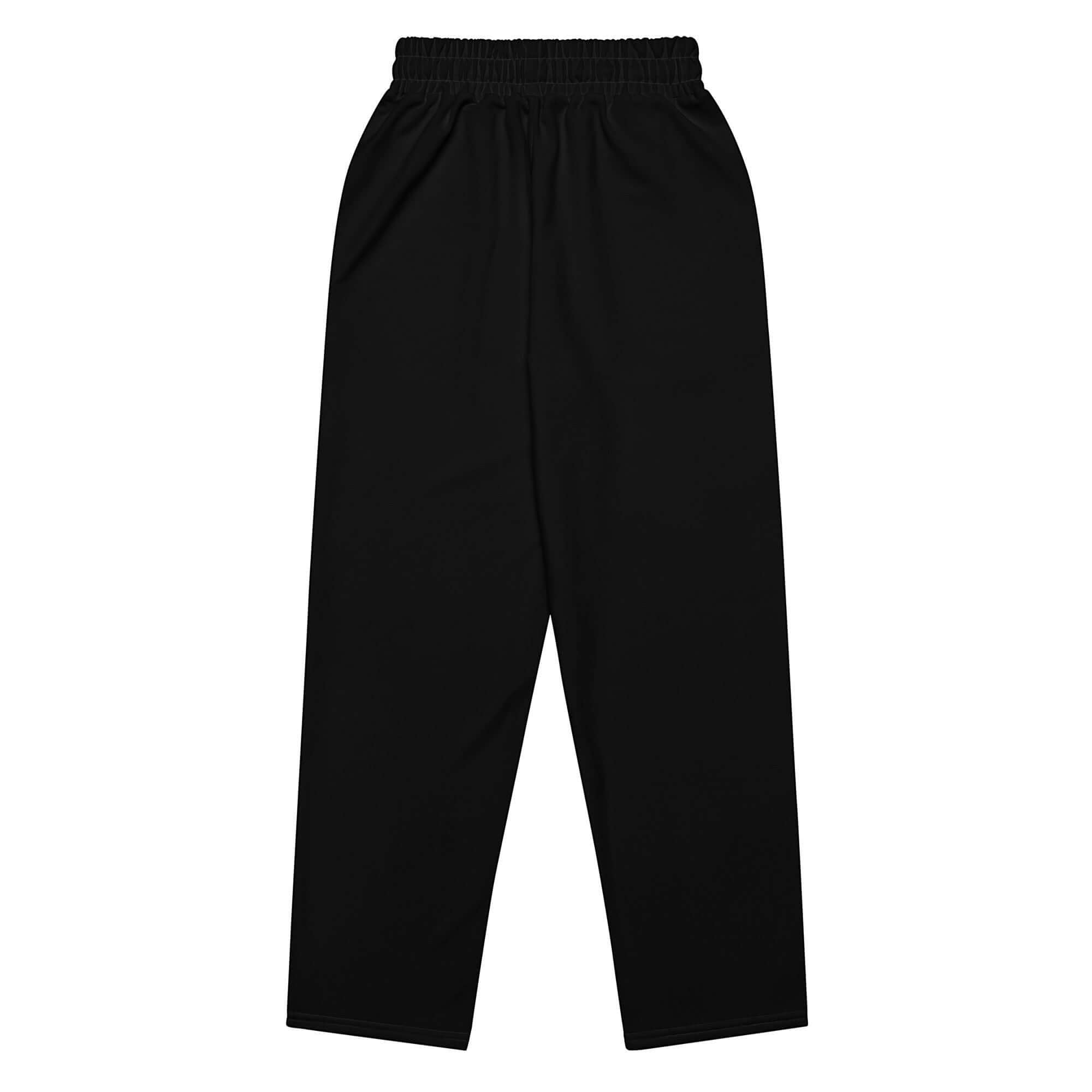 Urban Halo all-black wide-leg joggers with an elasticated waistband, featuring a relaxed streetwear silhouette.